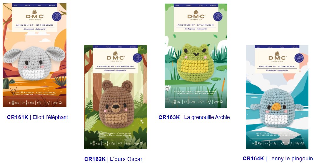 The four DMC Fun Amigurumi kit boxes, CR161K to CR164K, side by side
