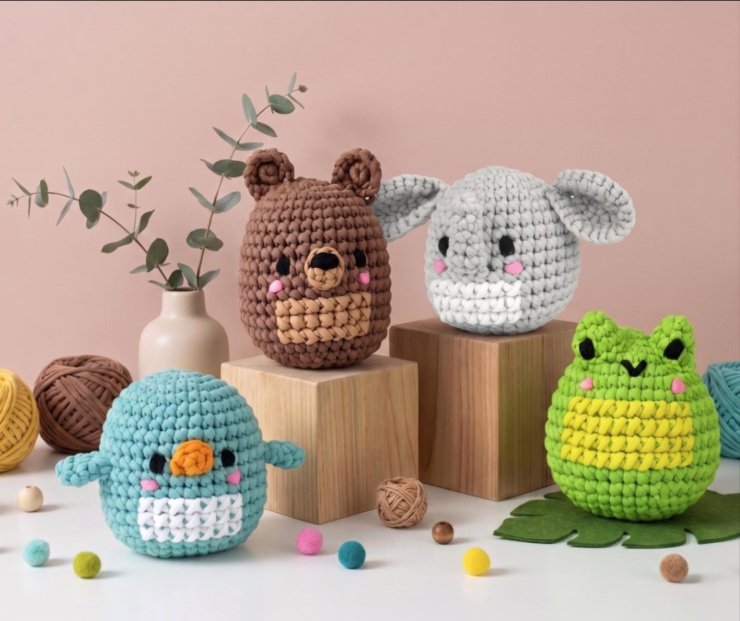 The four DMC Fun Amigurumi figures together: bear, elephant, penguin and frog